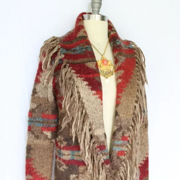 SOLD. RALPH LAUREN Denim Supply fringe polo RRL wool Aztec tribal Cardigan - Picture 7 of 10